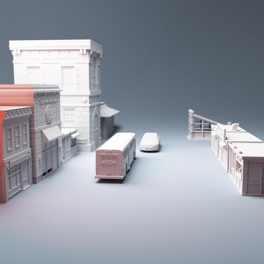 28mm Modern City Terrain – Firehouse, Bus + Restaurants - Northern Foundry