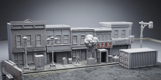 40mm Heroic City Block Terrain – 5 Buildings + 19 Scatter - Northern Foundry