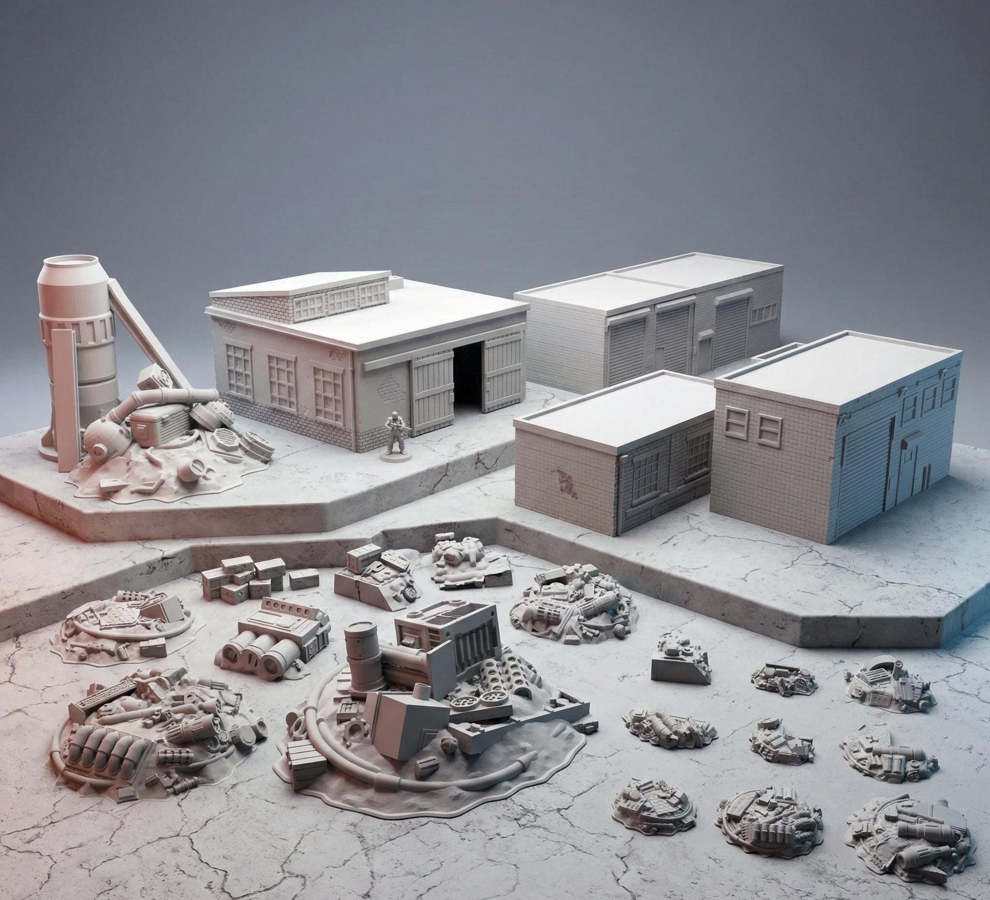 40mm Heroic Industrial Warehouse Terrain – 4 Buildings + 13 Junk Scatter - Northern Foundry