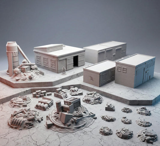 40mm Heroic Industrial Warehouse Terrain – 4 Buildings + 13 Junk Scatter - Northern Foundry