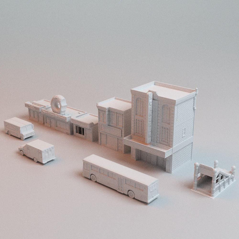40mm Heroic Urban Cityscape Terrain – 5 Buildings + 4 Vehicles - Northern Foundry