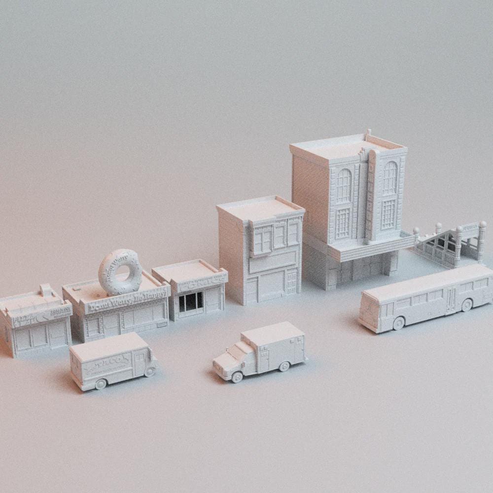 40mm Heroic Urban Cityscape Terrain – 5 Buildings + 4 Vehicles - Northern Foundry
