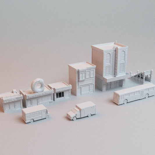 40mm Heroic Urban Cityscape Terrain – 5 Buildings + 4 Vehicles - Northern Foundry