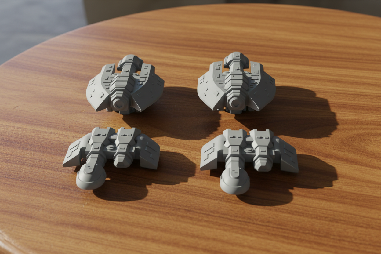 Four gray metallic figurines on a wooden surface