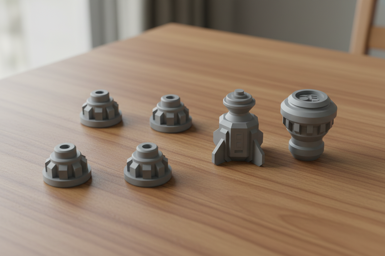 Set of gray 3D-printed parts on a wooden table