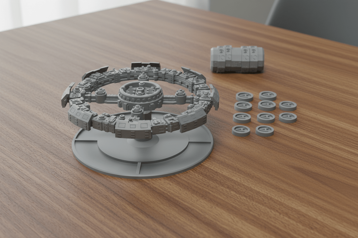 Gray 3D-printed model on a wooden surface with additional components.