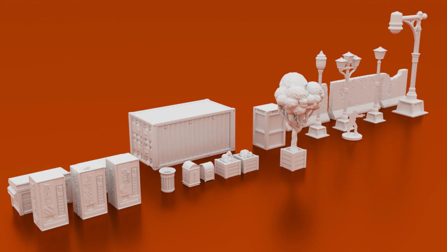 Bleecker Street Urban Epicenter — Superhero Skirmish Terrain Bundle — Size 3 & Size 4 Scenery — 40mm and 28mm Scale City Buildings & Scatter
