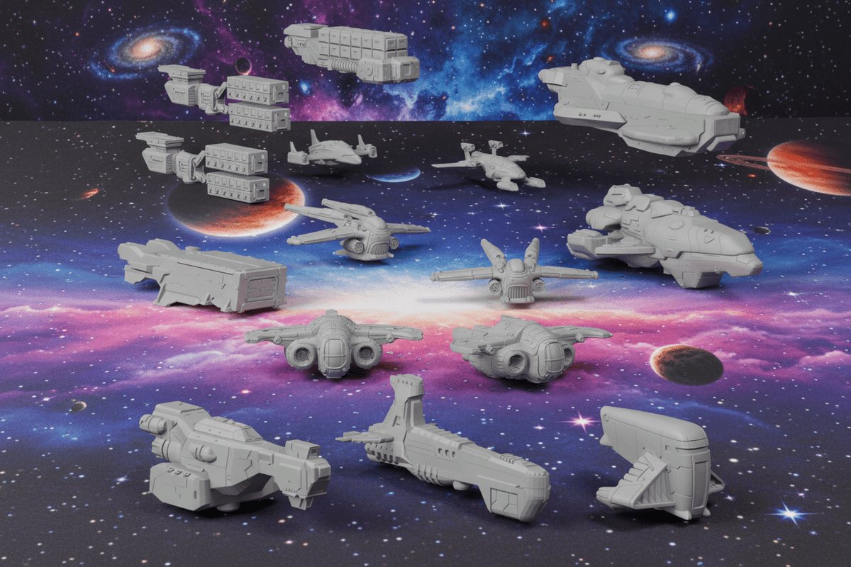 Civilian Merchant Convoy — 18-Ship Space Fleet — Freighters, Science Vessel & Escorts — Sci-Fi Objective Markers & Scenery