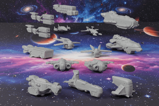 Civilian Merchant Convoy — 18-Ship Space Fleet — Freighters, Science Vessel & Escorts — Sci-Fi Objective Markers & Scenery
