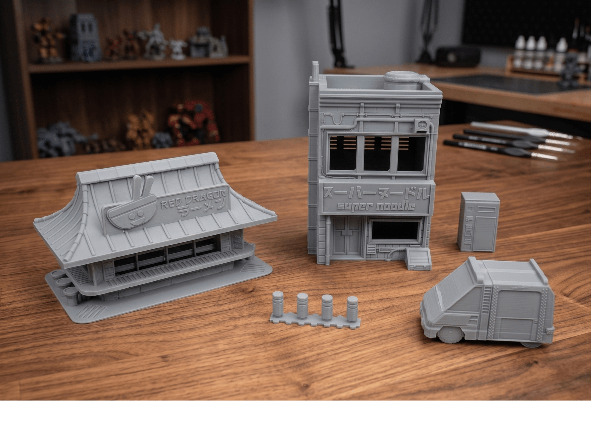 Cyberpunk City Terrain Bundle – 5 Buildings, 3 Vehicles & Scatter (28mm/32mm/40mm) - Northern Foundry