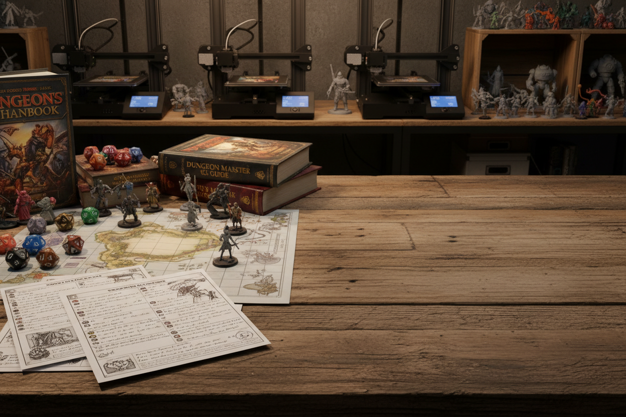 3D-printed tabletop terrain and Dungeons & Dragons miniatures in grey PLA, printed by Northern Foundry in Calgary, Canada