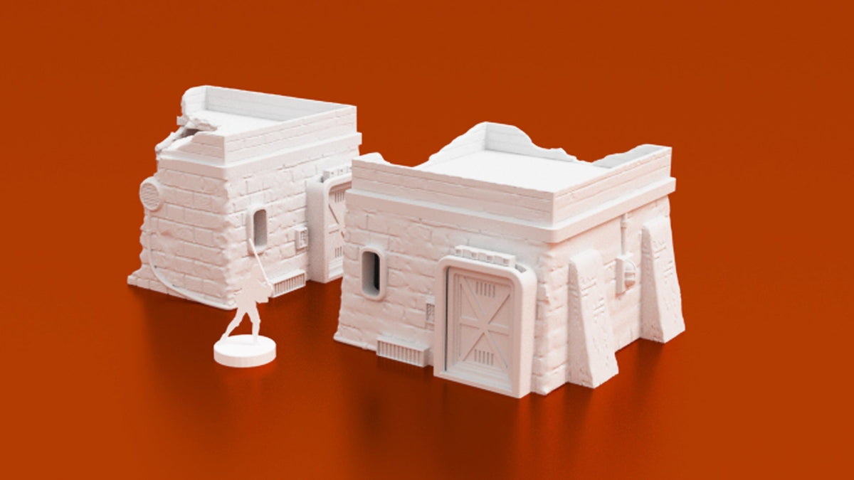 Desert Town Outskirts Bundle – 4 Desert Houses & Market Stall (28mm/32mm/40mm, Star Wars Legion) - Northern Foundry