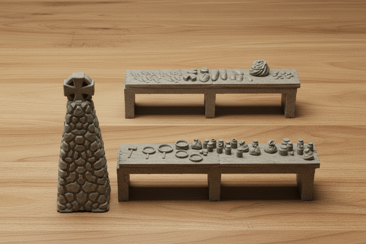 Medieval Market Square Terrain — Merchant Stalls, Fountain & Cart — RPG Village Scatter Scenery — Dragonshire Series