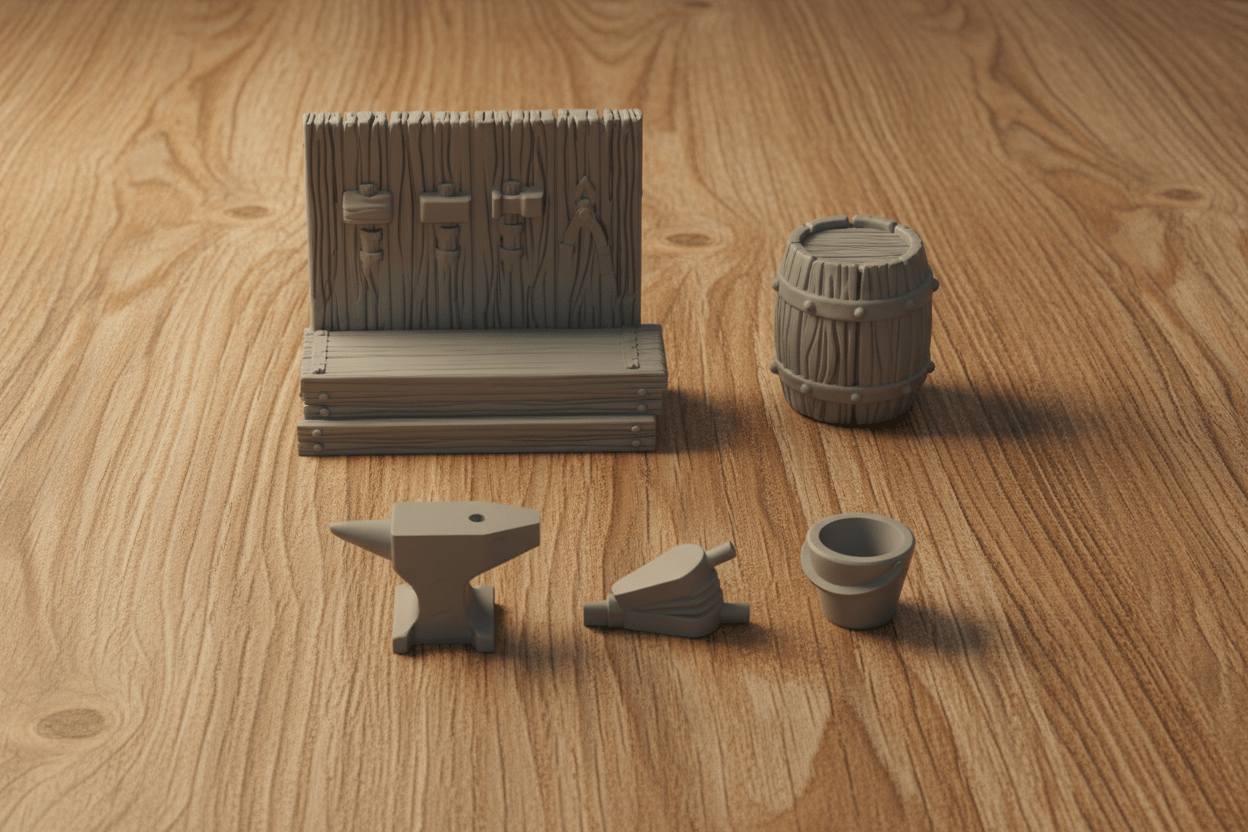 Medieval Village Blacksmith Shop — Removable Roof Terrain with Forge Interior — RPG Scenery