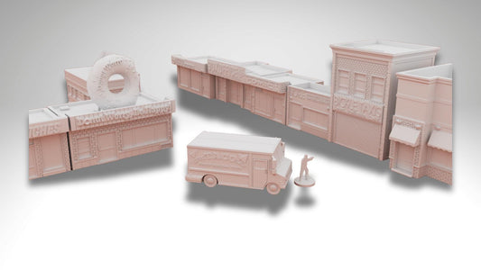 Modern Storefront Terrain Bundle – 8 Buildings + Taco Truck (28mm/32mm/40mm) - Northern Foundry