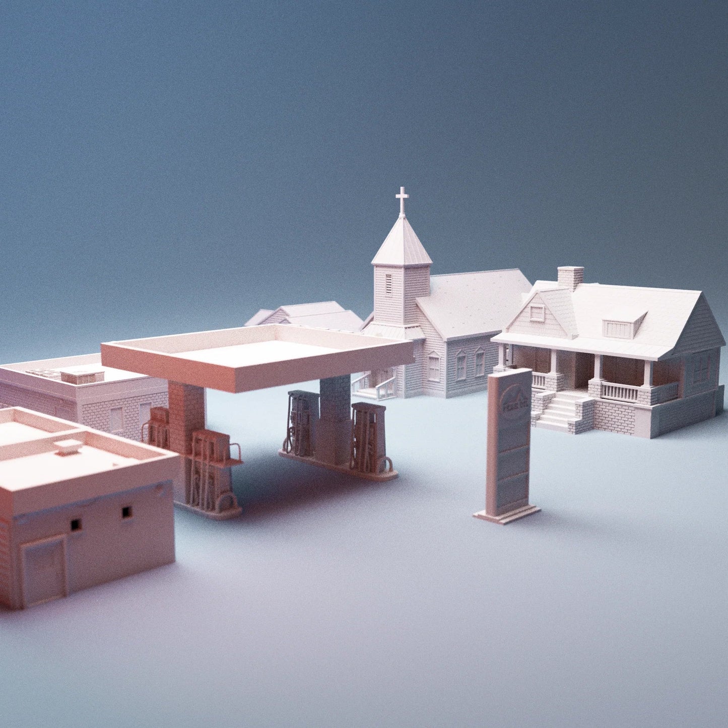 Model of a gas station with a church in the background on a gradient blue and gray background