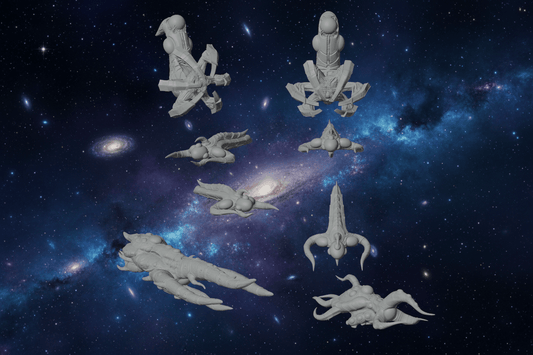 Oq'Uiar Rift Armada — Asymmetrical Alien Spaceships — "The Many" Sci-Fi Fleet — 1:128 Scale Miniatures — 8 Unit Bundle