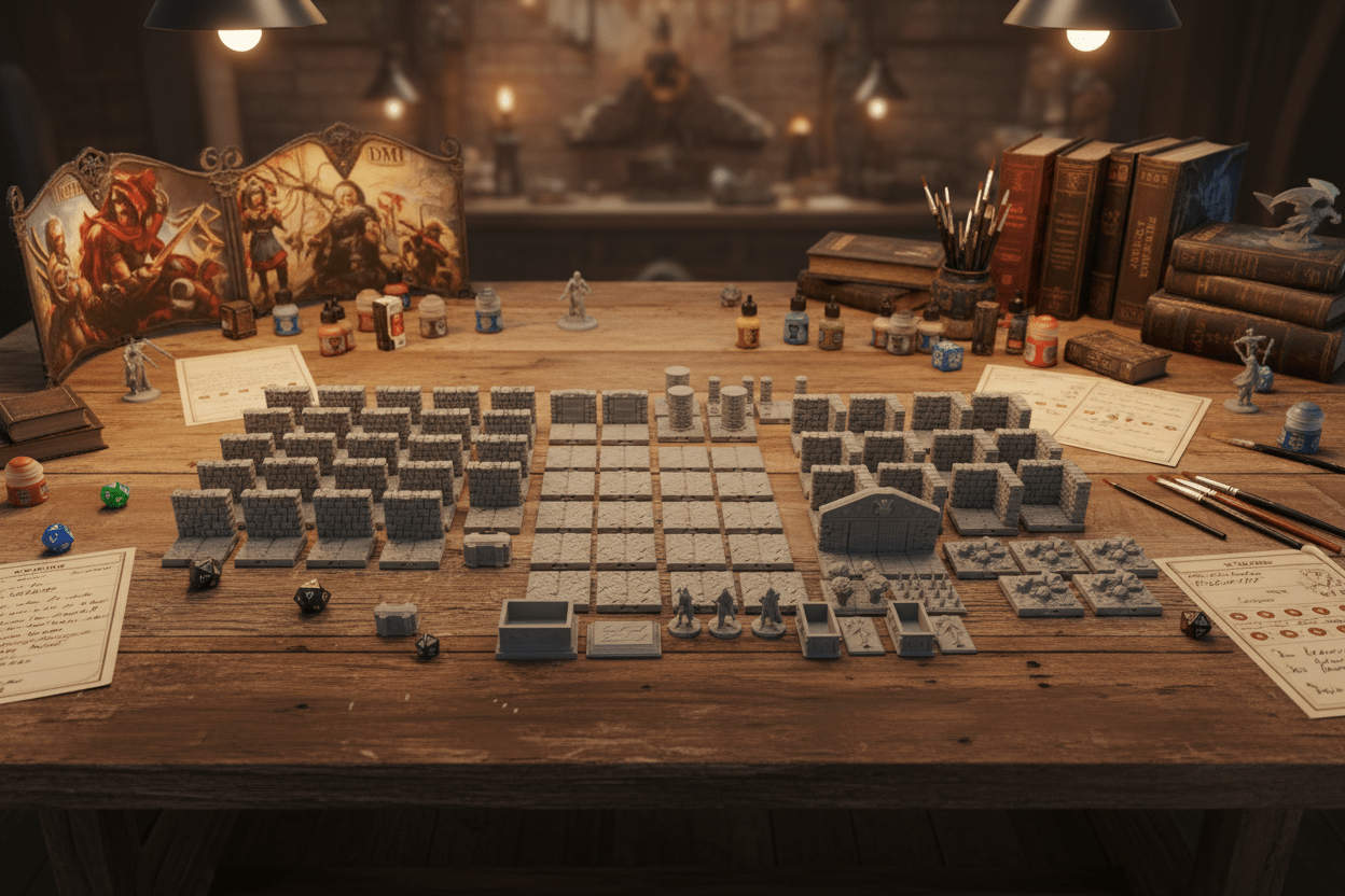 Wooden table with miniature gaming setup, including models and accessories, in a dimly lit room.