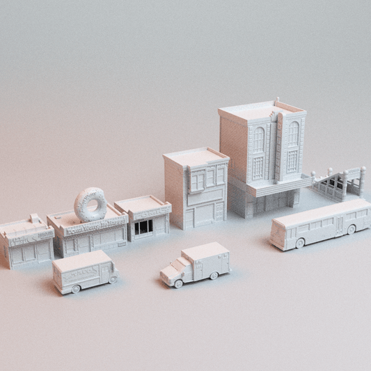 Urban PlayOn Protocol Bundle – 9-Piece Modern City Terrain & Vehicles (28mm/32mm/40mm) - Northern Foundry