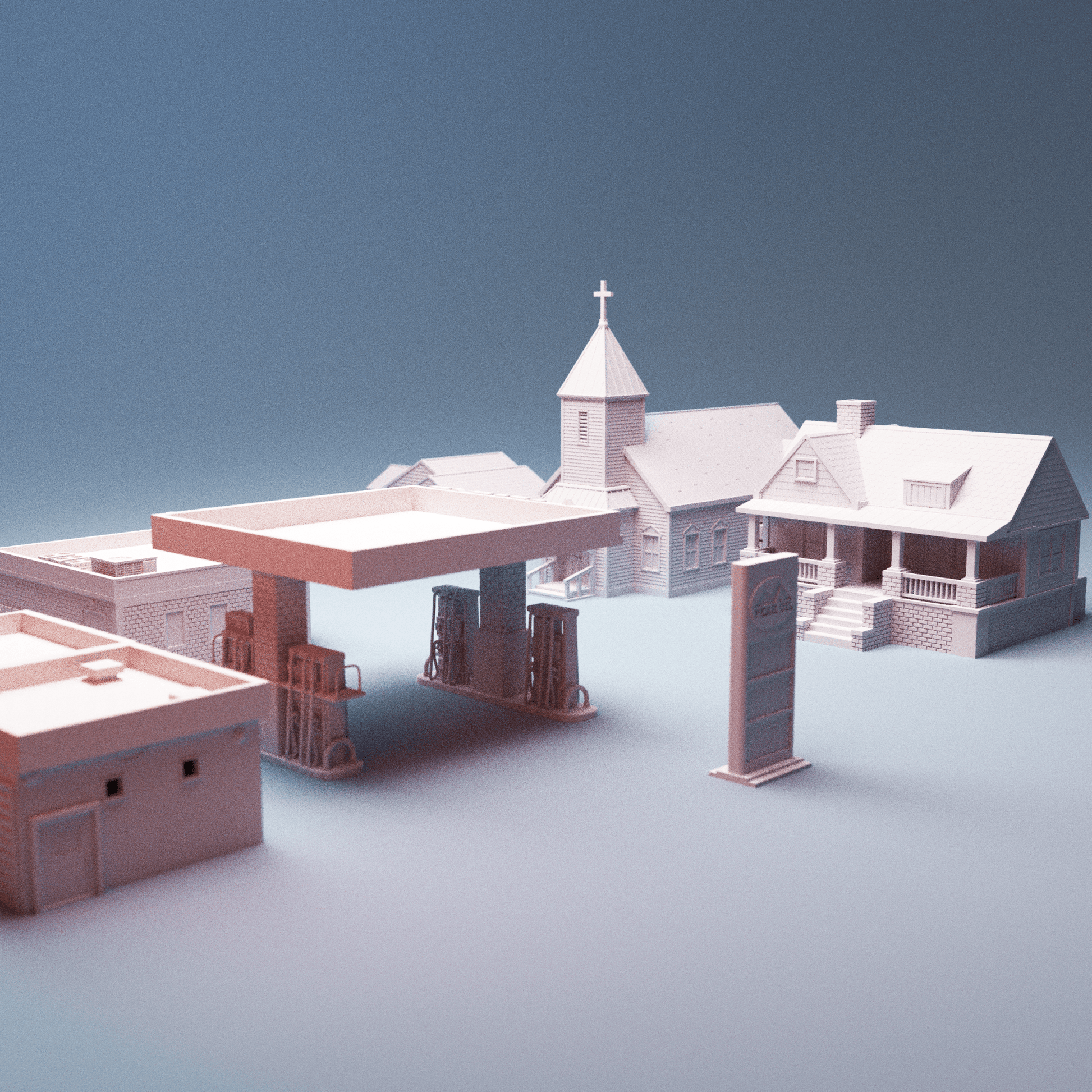 Urban Suburbia Bundle – Smalltown USA Houses, Church, Gas Station & Mini Mart (28mm/32mm/40mm) - Northern Foundry