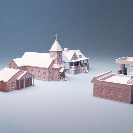 Urban Suburbia Bundle – Smalltown USA Houses, Church, Gas Station & Mini Mart (28mm/32mm/40mm) - Northern Foundry