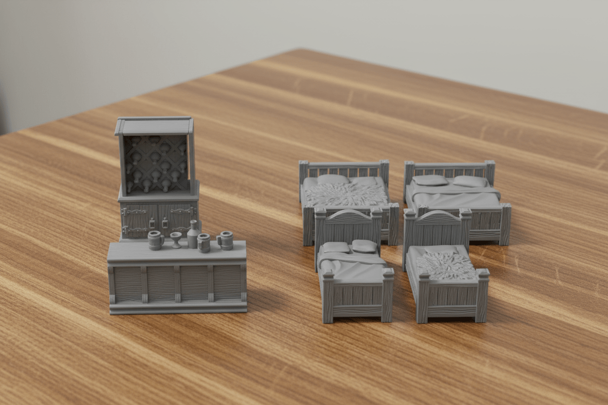 Village Furniture & NPC Mega Set — 28mm Scale Tavern House Interior Decor — RPG Scatter Terrain Dragonshire