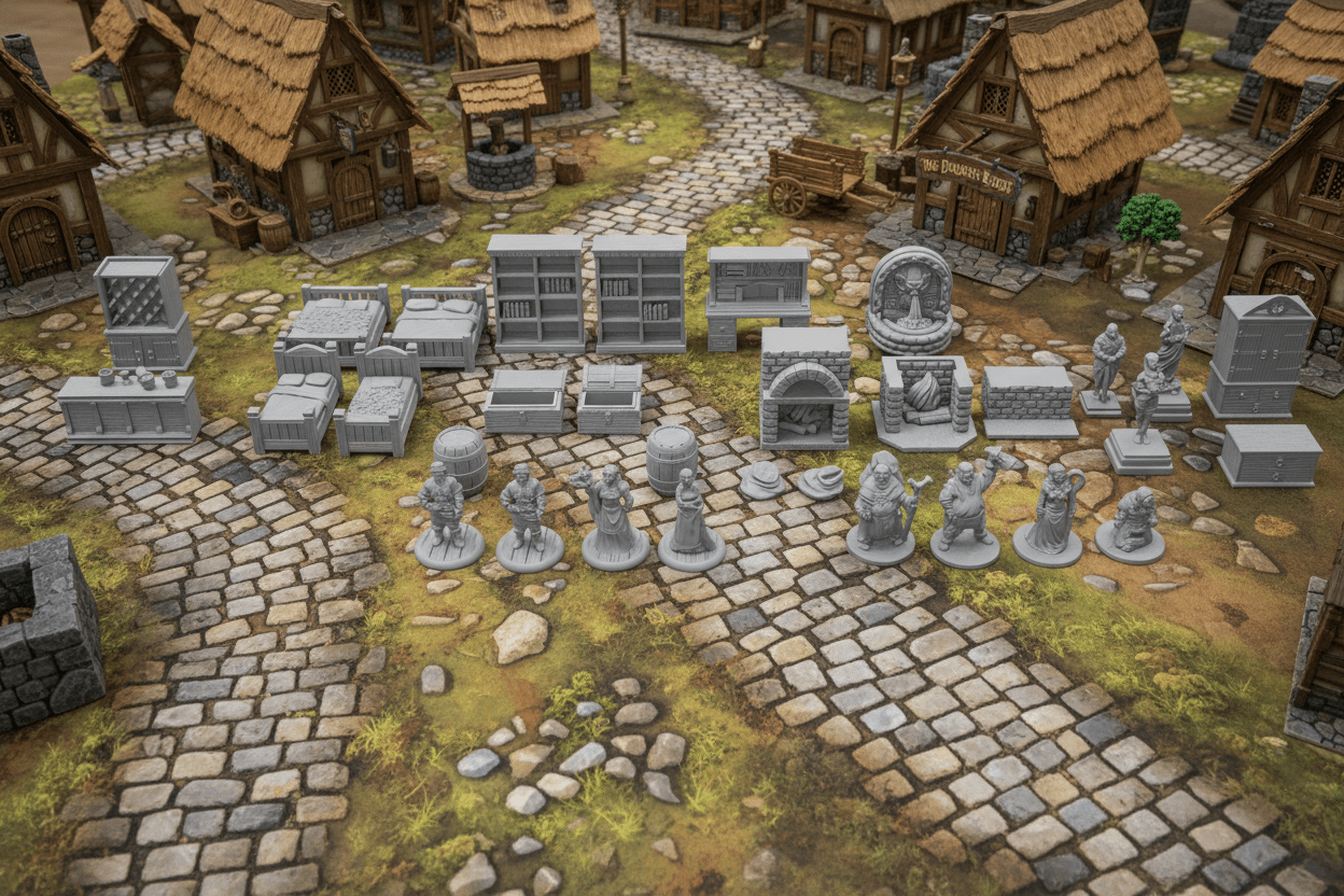 Village Interiors & NPCs 28mm Scale — Furniture Scatter Bundle — Fat Dragon Games Dragonshire Village